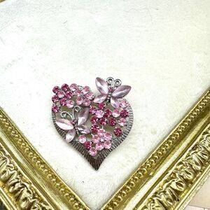 Vintage Jewelry Pink Rhinestone Enamel Heart Brooch Butterfly Pin